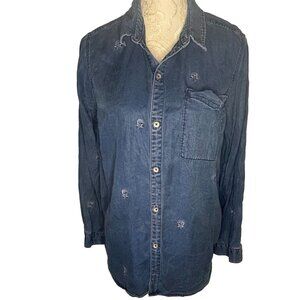 LUCKY BRAND Boyfriend L Shirt Blue Embroidered Floral L/S Button Distressed